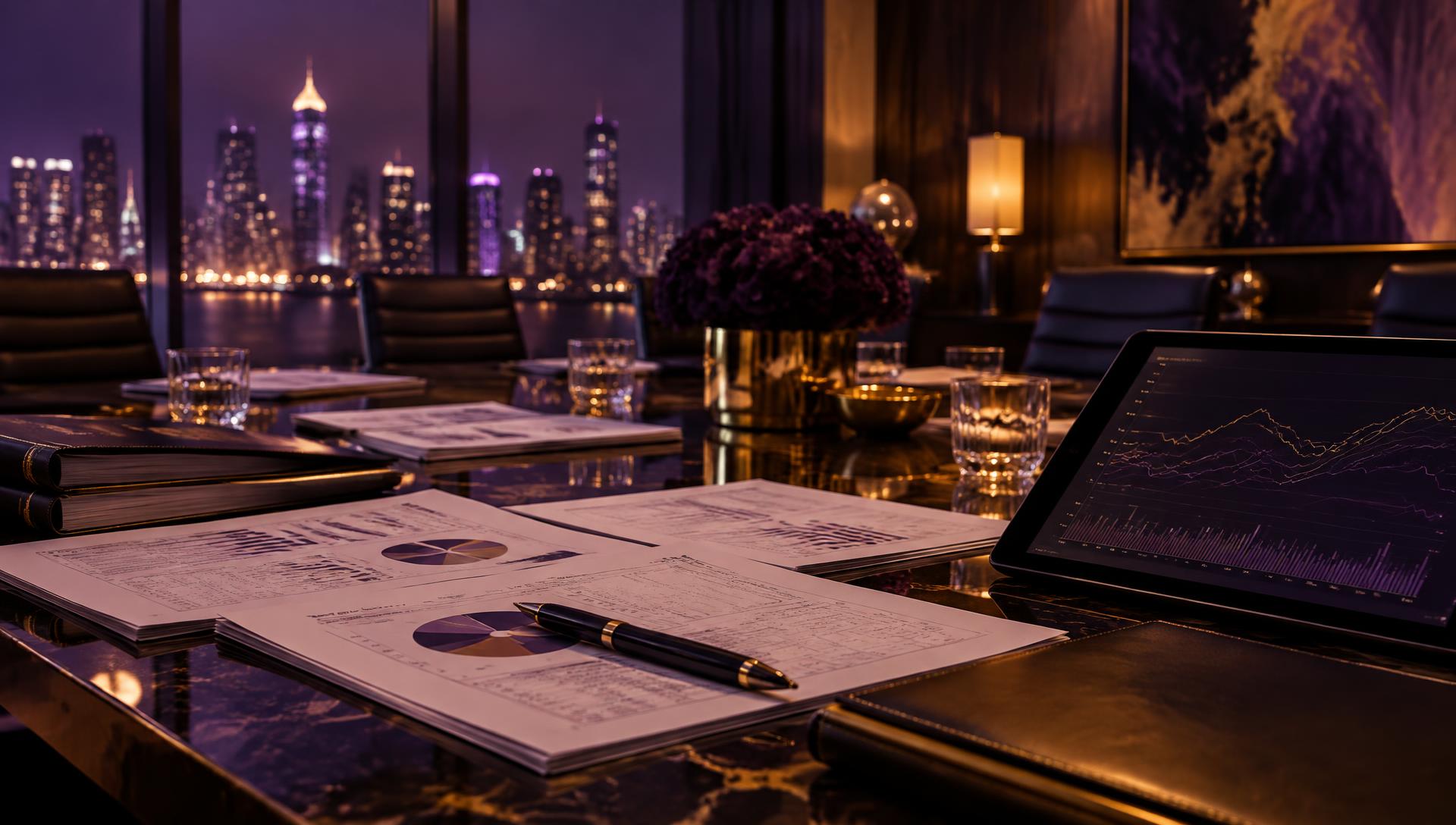Executive boardroom with financial statements and analytical charts