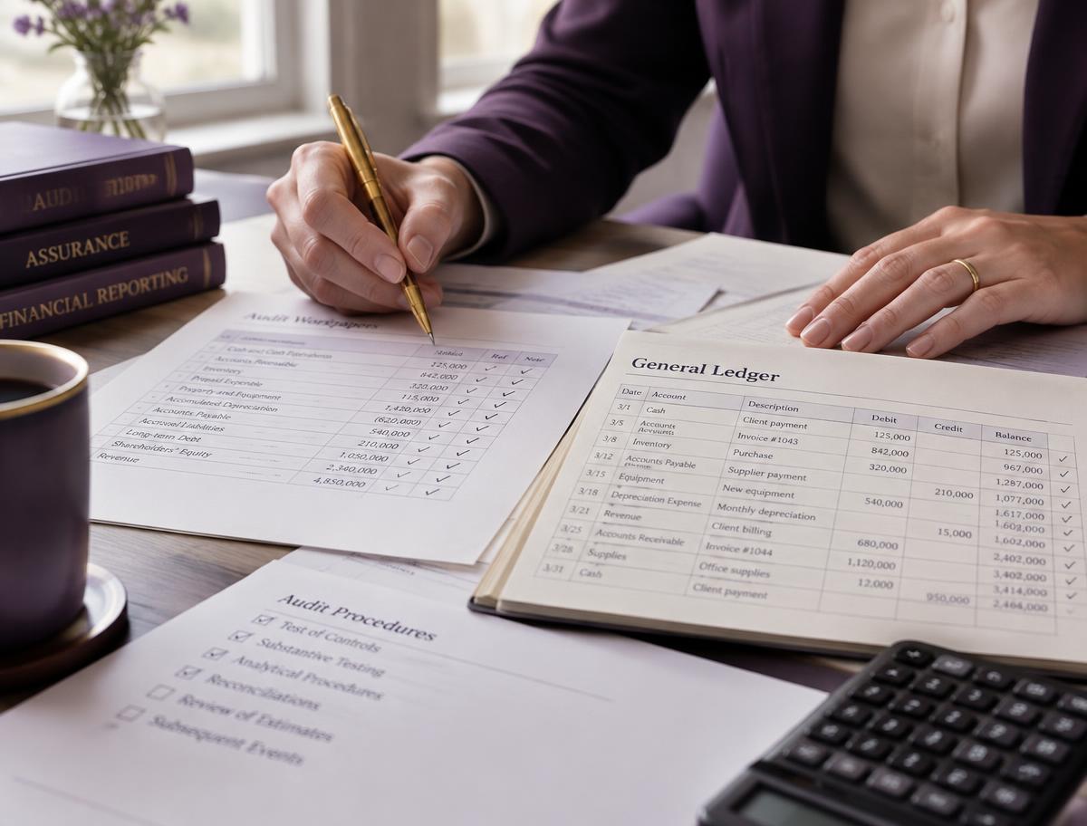 Auditor reviewing workpapers and a general ledger